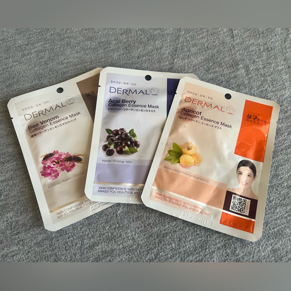 Dermal Collagen Essence Sheet Face Masks Set Of 3 Bee Venom Açaí Berry Apricot‎
